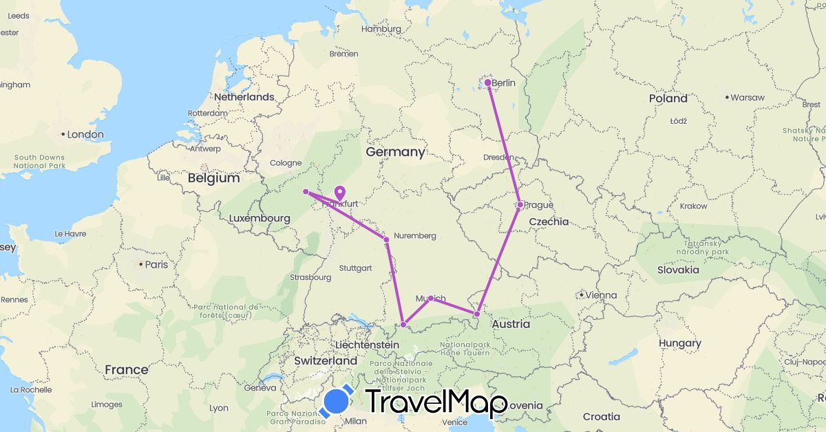 TravelMap itinerary: train in Austria, Czech Republic, Germany (Europe)